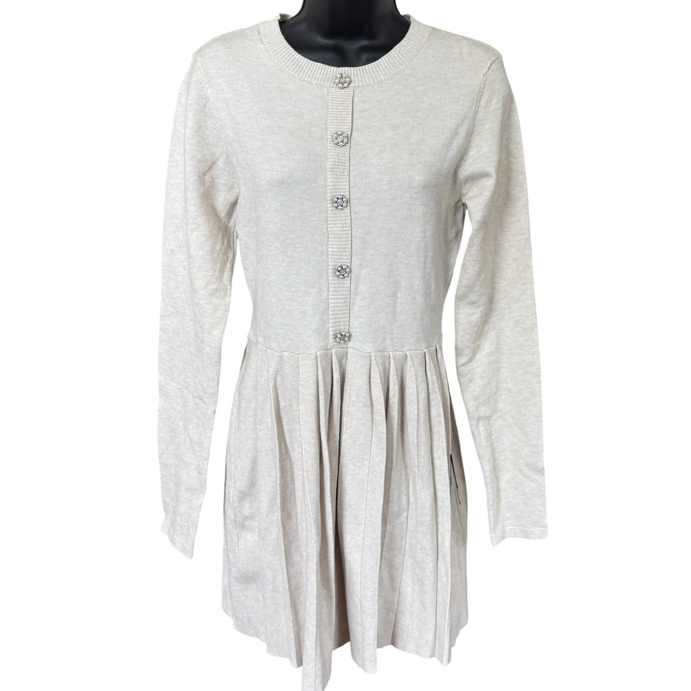 Lulus‎ Beyond Sweet Heathered Beige Pearl Pleated Mini Sweater Dress Sz M